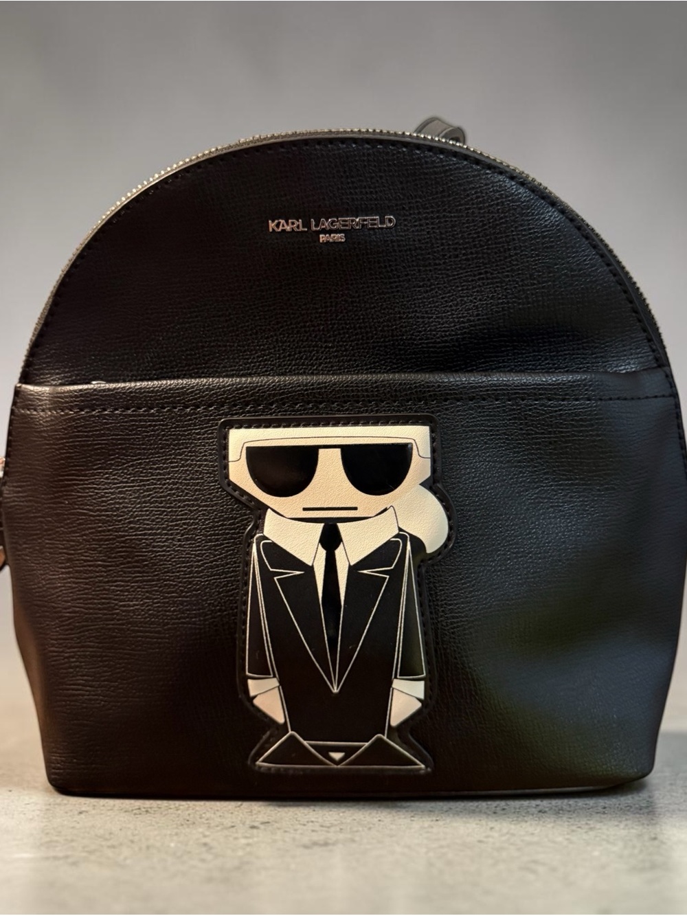Karl Lagerfeld Black Faux Leather Dome Backpack with Icon Patch